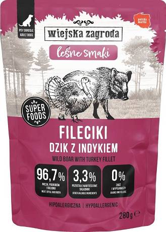Wiejska Zagroda Mokra Karma Hipoalergiczna Fileciki z dzikem i indykiem dla psa 280g