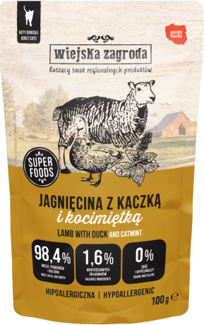 Wiejska Zagroda Hypoallergenic Mokra Karma z jagnięciną i kaczką  dla kota 100g