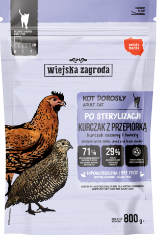Wiejska Zagroda Sterlised Sucha Karma z kurczakiem i przepiórką dla kota 800g