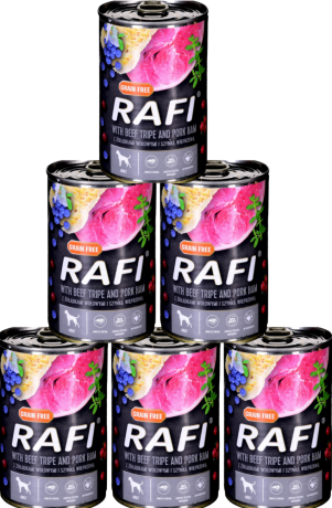 Rafi Pies with Beef Tripe and Pork Ham Mokra Karma z żołądkami wołowymi i szynką 12x400g PAKIET