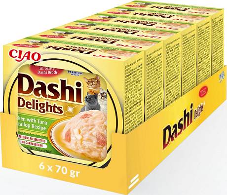 Inaba Ciao Dashi Delights Chicken, Tuna&Scallop Karma z kurczakiem i tuńczykiem dla kota 6x70g PAKIET