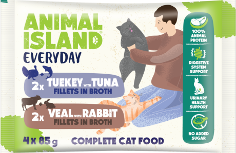 Animal Island Everyday Turkey with Tuna & Veal with Rabbit in Broth Mokra Karma z cielęciną, królikiem, indykiem i tuńczykiem w rosole dla kota 4x85g