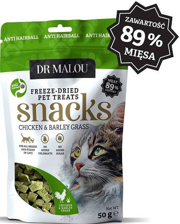 Dr Malou Freeze Dried Anti Hairball Liofilizowane Przysmaki z kurczakiem trawą jęczmienną dla kota 50g