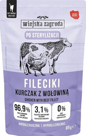Wiejska Zagroda Sterilized Hypoallergenic Mokra Karma Fileciki z kurczakiem i wołowiną dla kota 85g