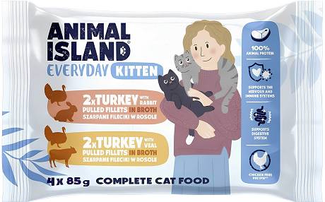 Animal Island Everyday Kitten Turkey with Rabbit & Turkey with Veal in Broth Mokra Karma z indykiem, królikiem i cielęciną w rosole dla kociąt 4x85g