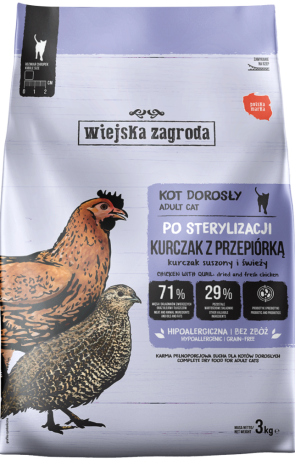 Wiejska Zagroda Sterlised Sucha Karma z kurczakiem i przepiórką dla kota 3kg