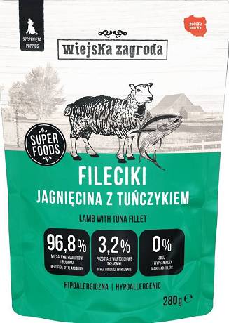 Wiejska Zagroda Mokra Karma Hipoalergiczna Fileciki z jagnięciną i tuńczykiem dla szczeniaka 280g