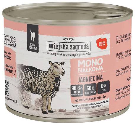 Wiejska Zagroda CAT Adult Monobiałkowa Karma mokra z jagnięciną op. 200g