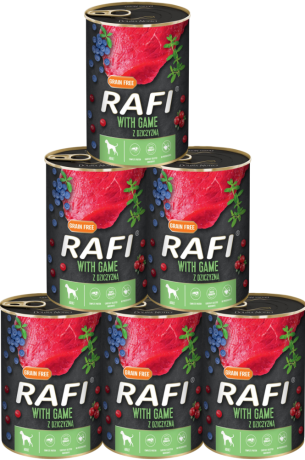 Rafi Pies with Game Mokra Karma z dziczyzną, borówką i żurawiną 12x400g PAKIET