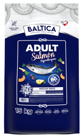 Baltica DOG Hypoallergenic Adult Medium Salmon Karma sucha z łososiem op. 15kg + Baltica training Snacks with Love op. 150g GRATIS