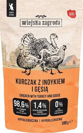 Wiejska Zagroda Hypoallergenic Mokra Karma Fileciki z kurczakiem, indykiem i gęsią dla kociąt 100g