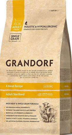 Grandorf Adult Sterilized 4 Meat Recipe Sucha Karma z indykiem, kaczką, dzikiem i jagnięciną dla kota 2kg